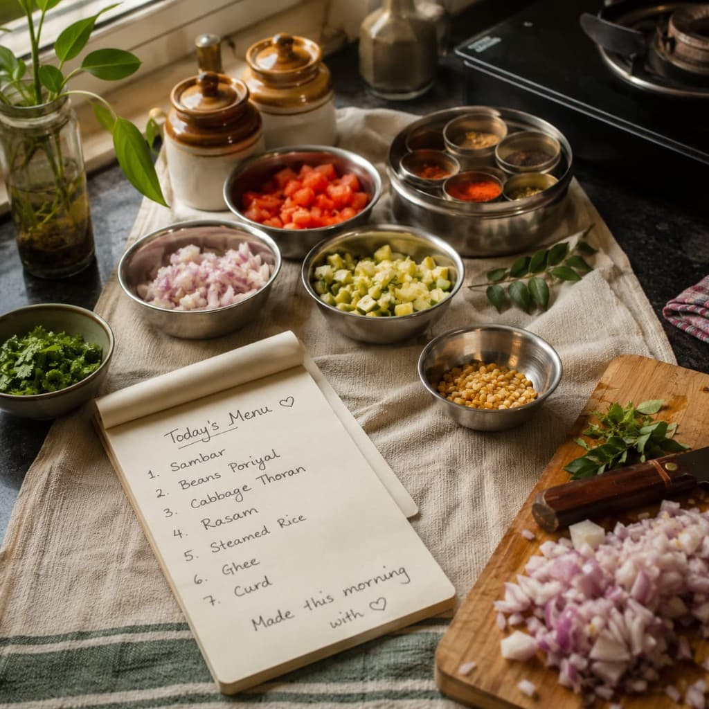 Today's handwritten menu beside fresh ingredients prepped in a home kitchen