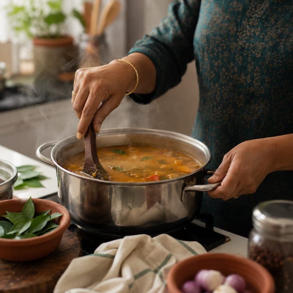 Vidya stirring a steaming pot of sambar in her home kitchen
