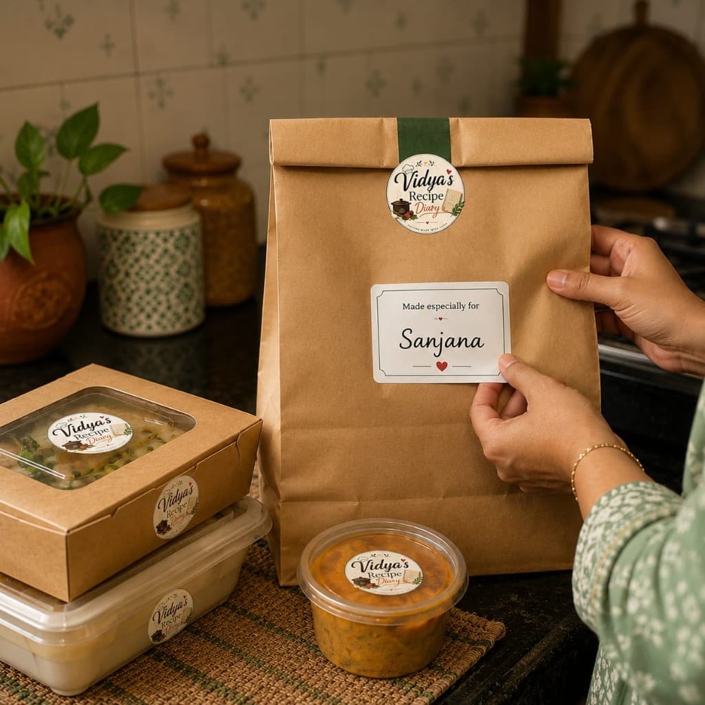 Branded delivery bag with a personalised name label, packed in a home kitchen