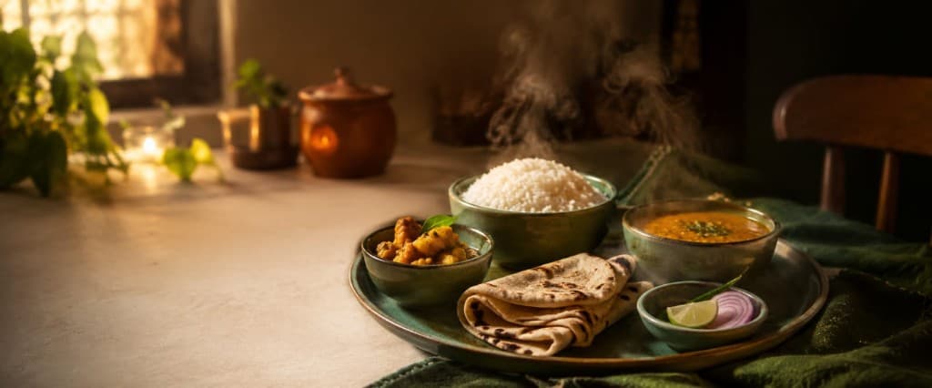 A steaming home-cooked thali with rice, dal, roti and curry in warm evening light
