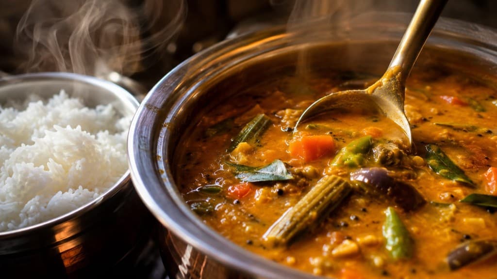 Steaming sambar and rice in traditional steel vessels