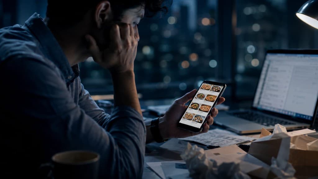 A tired professional scrolling a food delivery app late at night