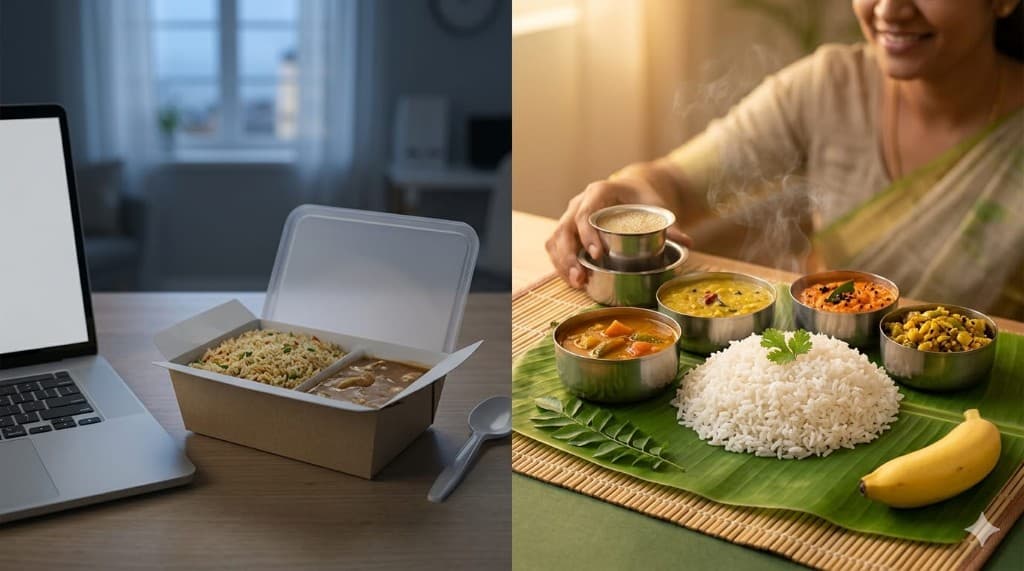 A tired night with takeaway food beside a laptop, contrasted with a steaming banana-leaf meal at home